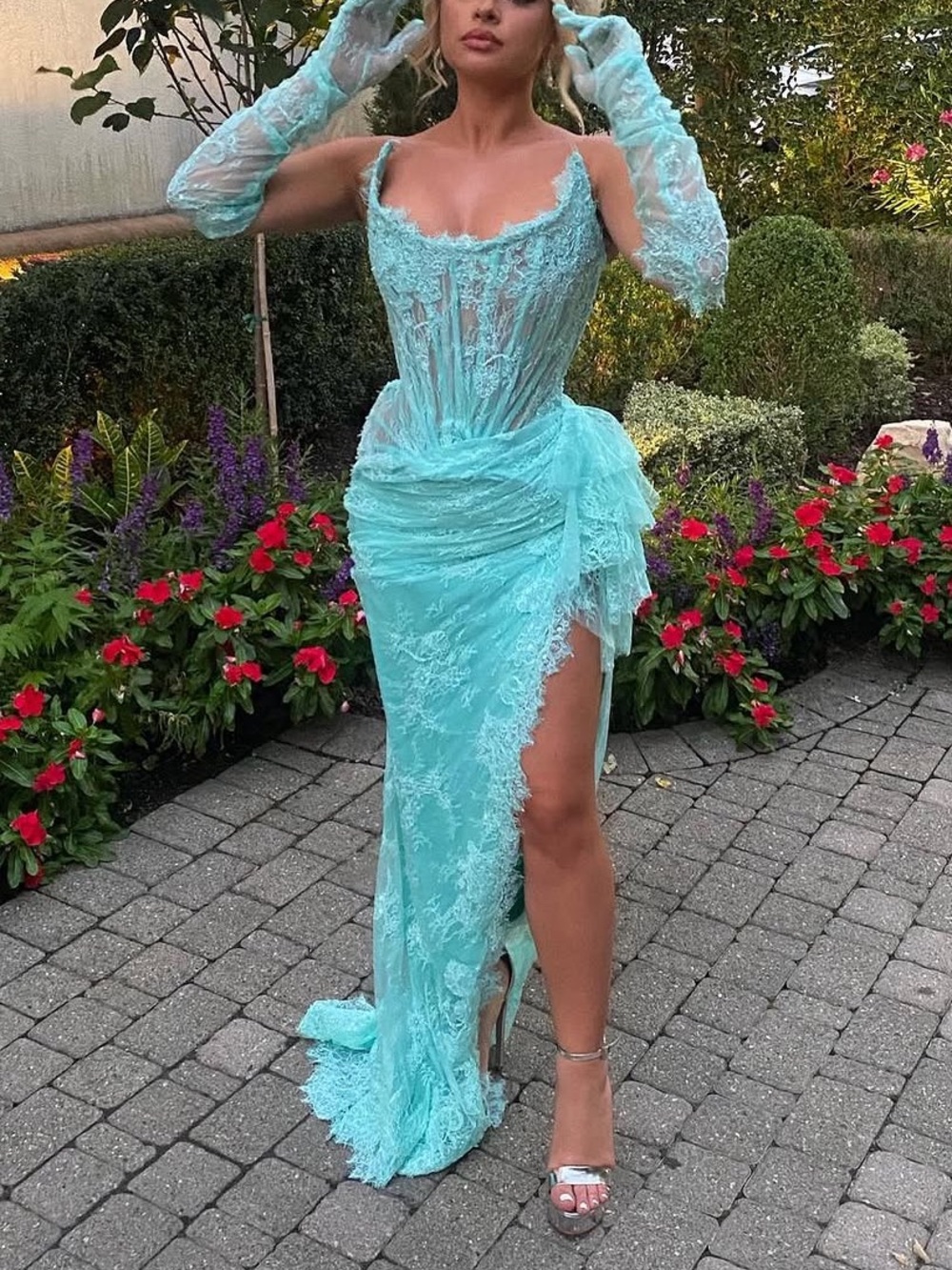Lena Berisha Aqua Turqoise Lace Evening Gown with Sheer Corset and Gloves